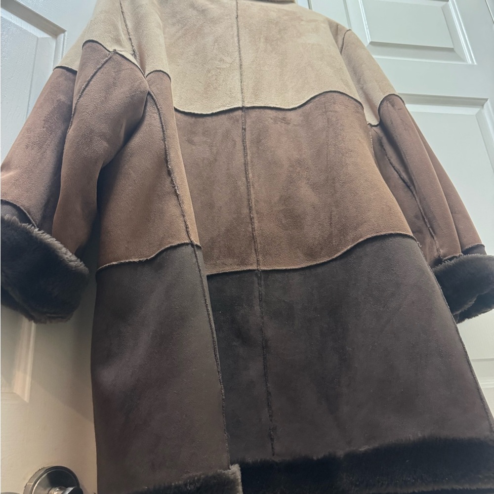 2X brown coat Color block Tan Brown Teddy Jacket suede shearling warm jacket - Picture 6 of 12